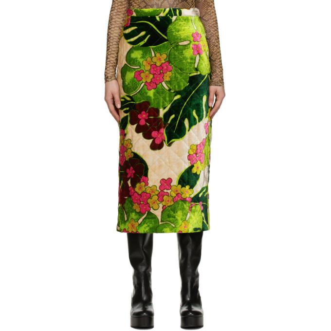 Dries Van Noten Green Velvet Quilted Floral Skirt