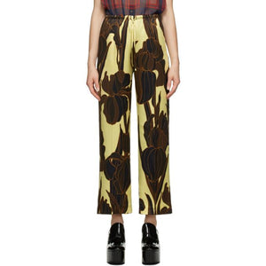 Dries Van Noten Yellow and Black Silk Floral Trousers