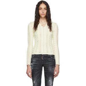 Dsquared2 White Lace-Up V-Neck Sweater
