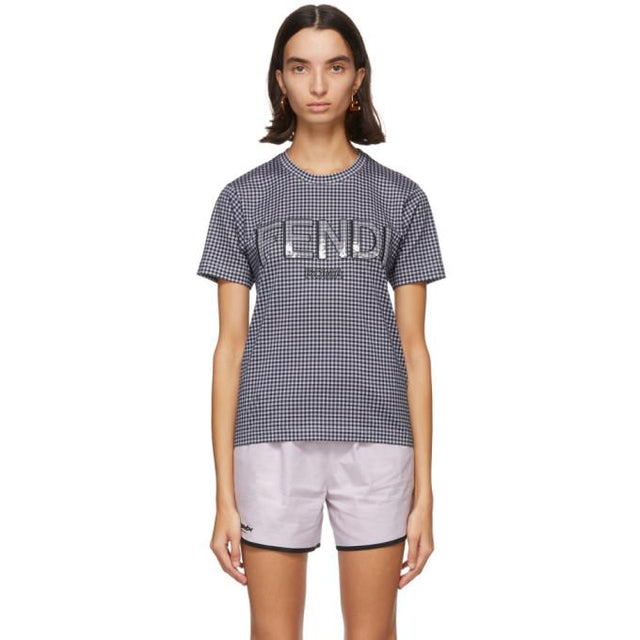 Fendi Grey and Navy Gingham Logo T-Shirt