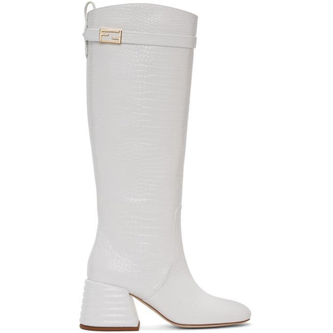 Fendi White Croc Promenade Tall Boots