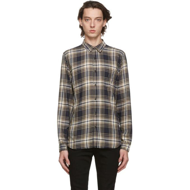Frame Navy Check Single Pocket Shirt