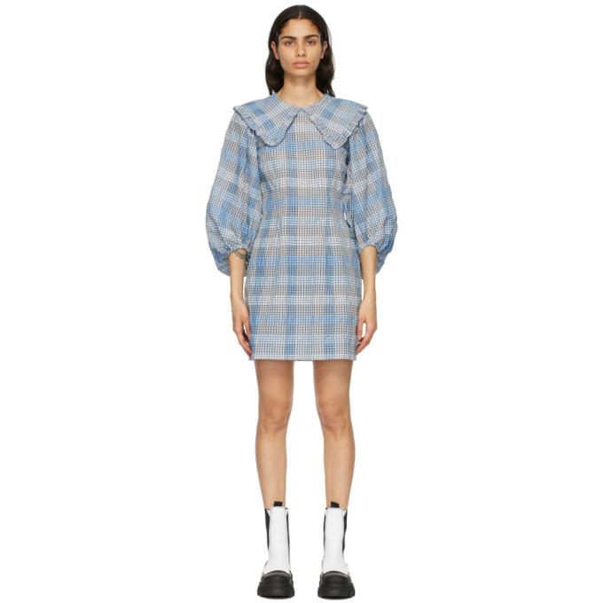 GANNI Blue Seersucker Check Mini Dress