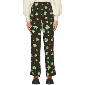 GANNI Brown and Green Printed Crepe Trousers