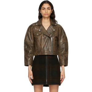 GANNI Brown Leather Washed Perfecto Jacket