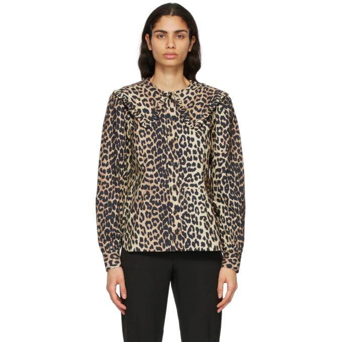 GANNI Brown Poplin Leopard Collar Blouse