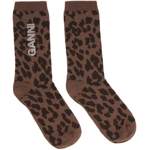 GANNI Brown Rhinestone Logo Socks