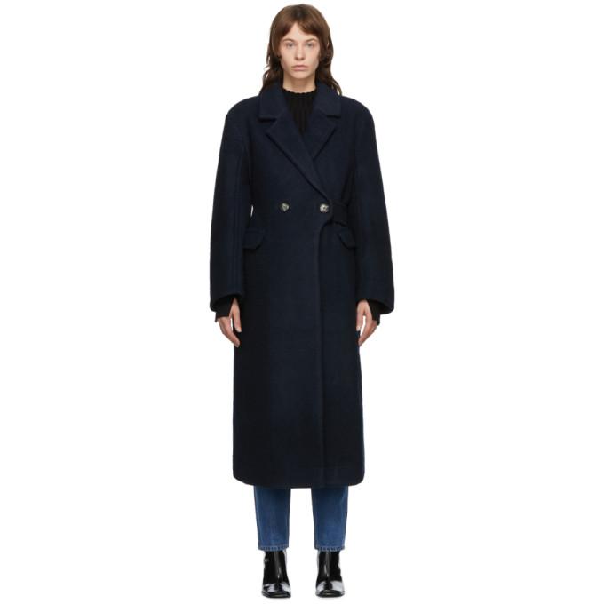 GANNI Navy Wool Double-Breasted Coat