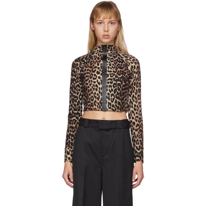 GANNI Tan and Black Recycled Jersey Leopard Zip-Up Top