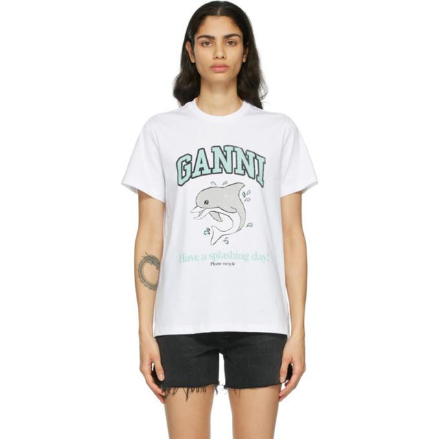 GANNI White Cotton Dolphin T-Shirt