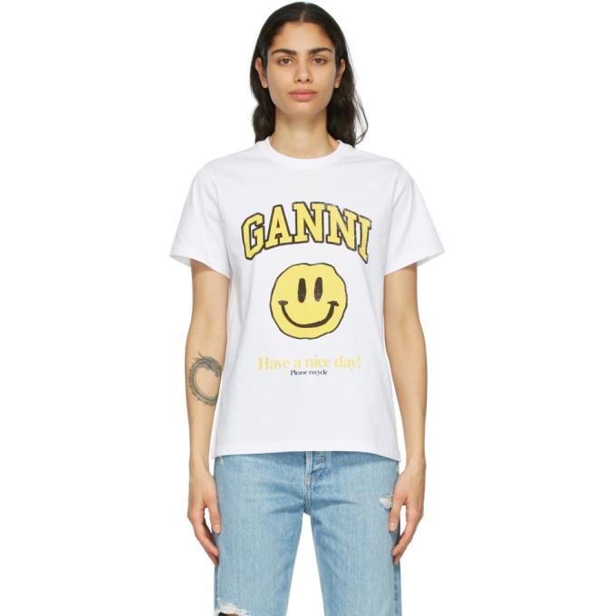 Ganni White Basic Cotton Jersey Smiley T-Shirt