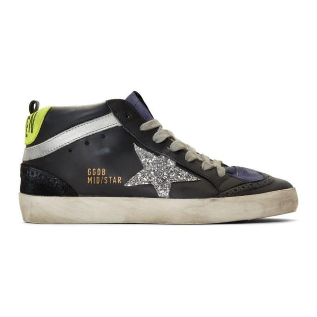 Golden Goose Black and Silver Glitter Mid Star Sneakers