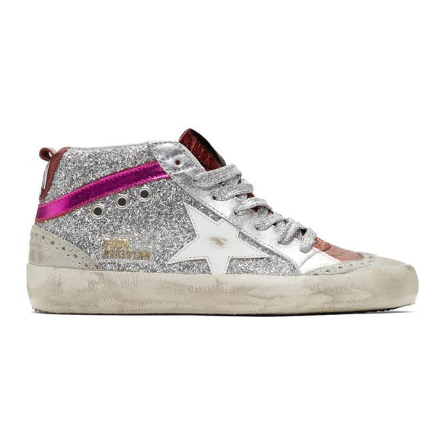 Golden Goose Silver and Pink Glitter Mid Star Sneakers