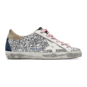 Golden Goose Silver and White Glitter Superstar Sneakers