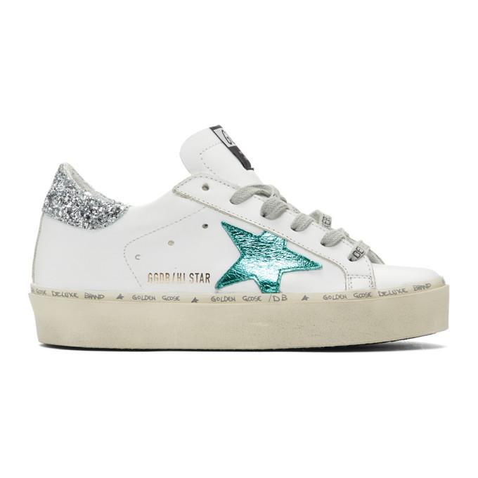 Golden Goose White and Green Hi Star Sneakers