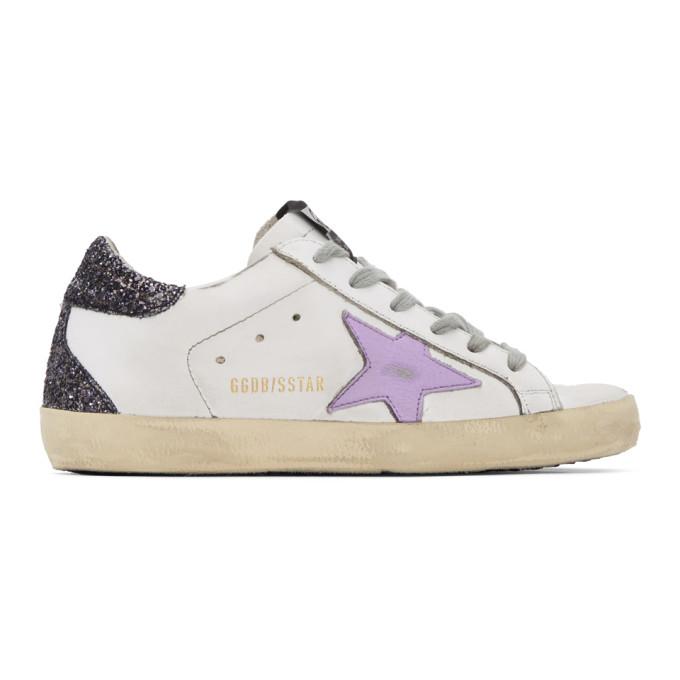 Golden Goose White and Purple Glitter Heel Superstar Sneakers