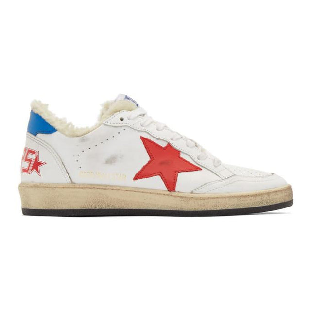 Golden Goose White and Red Shearling Ball Star Sneakers