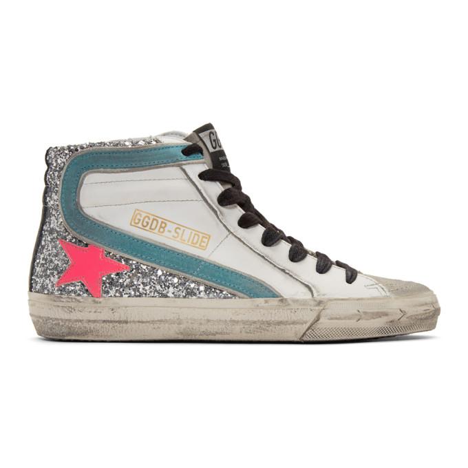 Golden Goose White and Silver Glitter Slide Sneakers