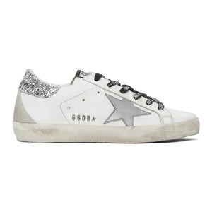 Golden Goose White and Silver Glitter Superstar Sneakers