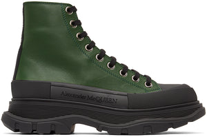 Alexander McQueen Green Leather Tread Slick Boots - Bande de roulement en cuir vert Alexander McQueen - Alexander McQueen 녹색 가죽 트레드 슬릭 부츠