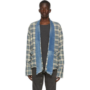 Greg Lauren Blue Plaid Mized Kimono Cardigan