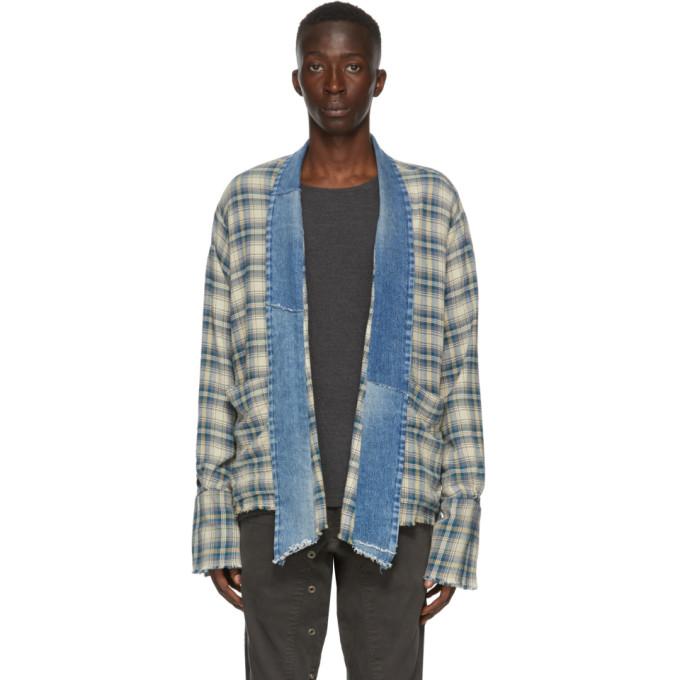 Greg Lauren Blue Plaid Mized Kimono Cardigan