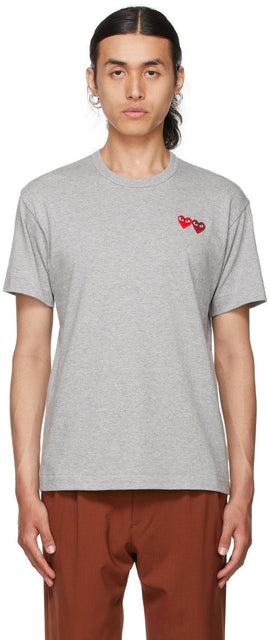 Comme des GarÃ§ons Play Grey Double Heart T-Shirt - T-shirt gris double coeur de garçons - comme des garÃ§ons 회색 더블 하트 티셔츠 플레이