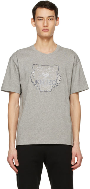 Kenzo Grey Embroidered Velvet Tiger T-Shirt - T-shirt de tigre de velours velours brodé de kenzo gris - Kenzo 회색 수 놓은 벨벳 호랑이 티셔츠