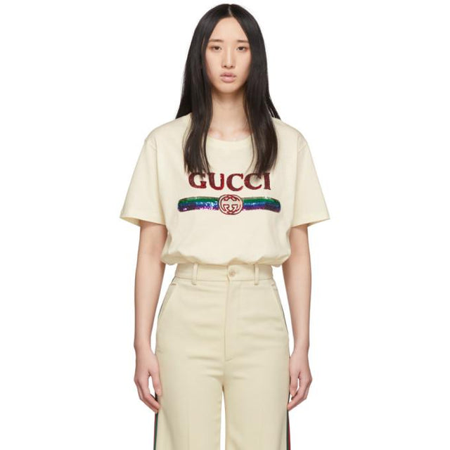 Gucci Beige Sequin Vintage Logo T-Shirt