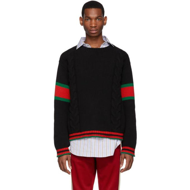 Gucci Black Cable Knit Web Sweater