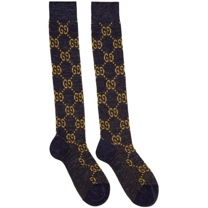 NEW Gucci 100% AUTH Women's Monogram GG Long Knee Lame Socks Blue Color  Size S