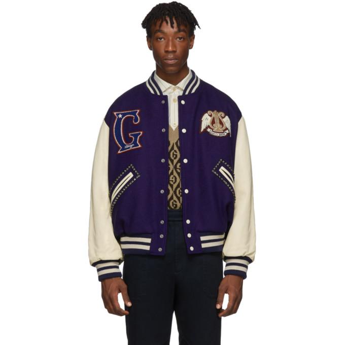 Gucci Blue and Off-White Gucci Band Varsity Jacket