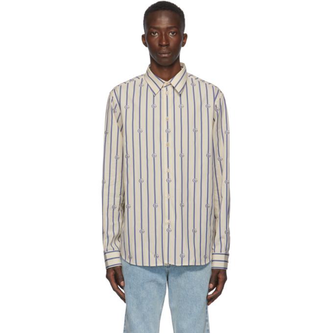 Gucci Blue and Off-White Poplin Striped Shirt