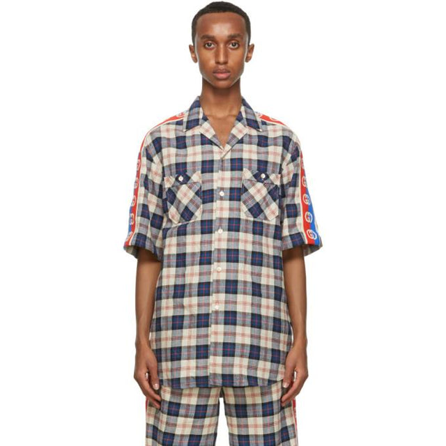 Gucci Blue and Red Check Web Bowling Short Sleeve Shirt