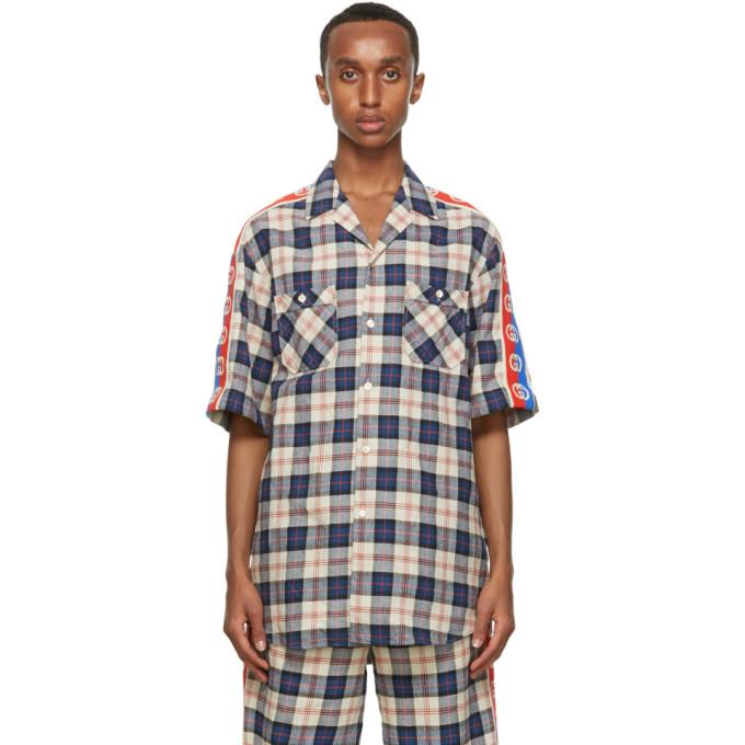 Gucci Blue and Red Check Web Bowling Short Sleeve Shirt