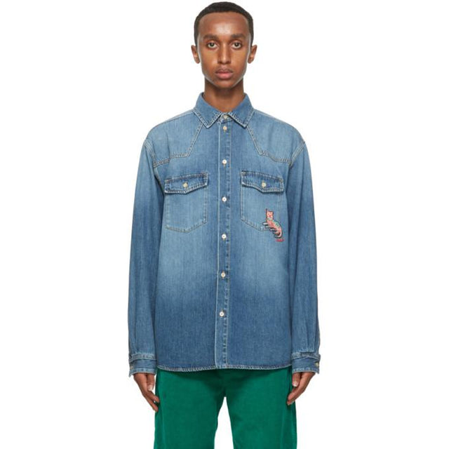 Gucci Blue Eco Washed Denim Cat Shirt