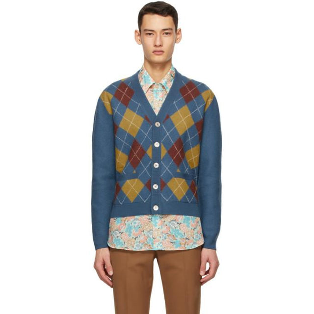 Gucci Blue Wool Argyle Cardigan