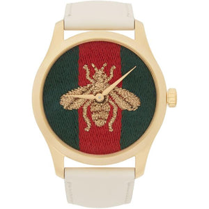 Gucci Gold and White Leather Bee G-Timeless Watch