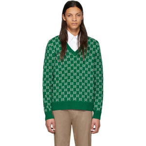 Gucci Green and Off-White Wool GG V-Neck Sweater