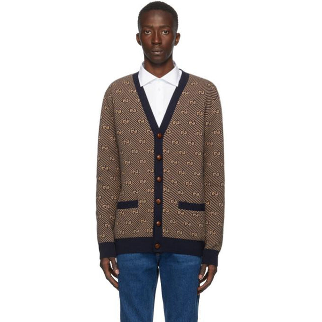 Gucci Navy and Beige Wool GG Stripe Cardigan
