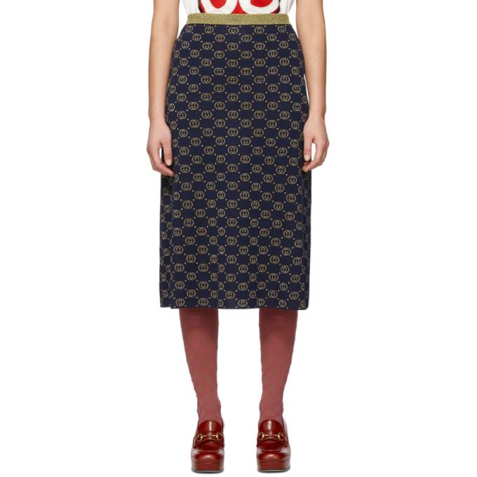 Gucci Navy and Gold Wool GG Skirt
