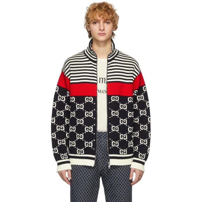 Gucci Navy and Off-White Knit GG Stripe Zip-Up Jacket