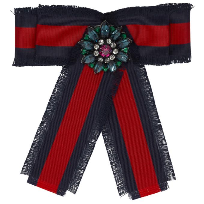 Gucci Navy and Red Striped Ribbon Brooch