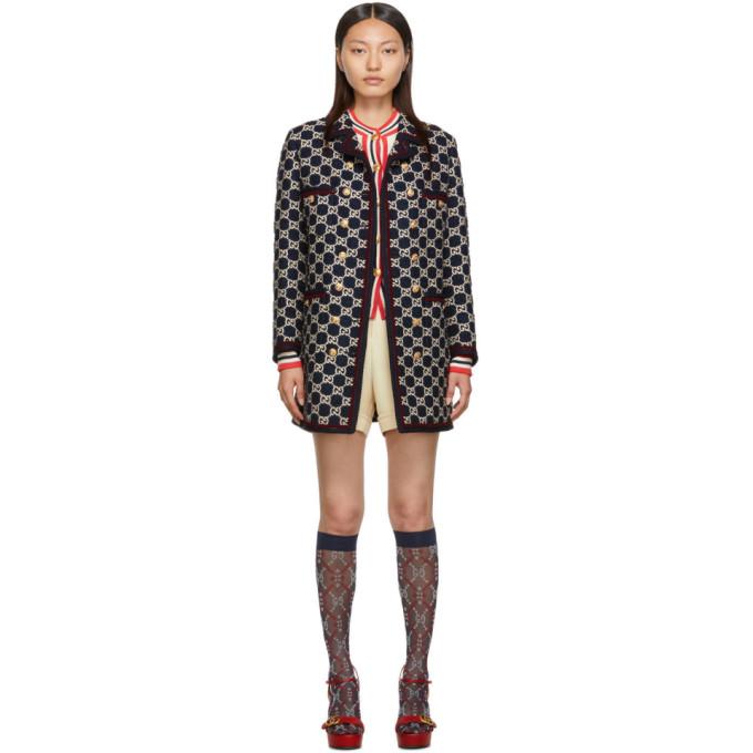 Gucci Navy Tweed GG Double-Breasted Coat