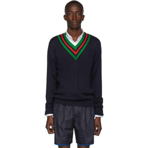 Gucci Navy Wool Web V-Neck Sweater