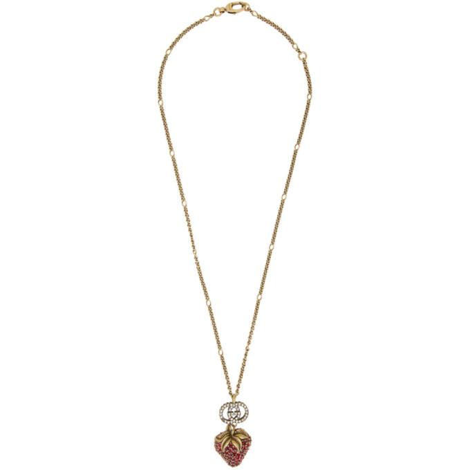 Gucci Necklace With Aries Motif And Strawberry In Aged Gold Finish, ModeSens