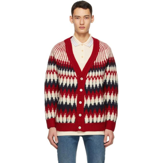 Gucci Red Wool Jacquard Zigzag Cardigan