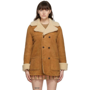 Gucci Tan and Beige Curly Shearling Double-Breasted Coat