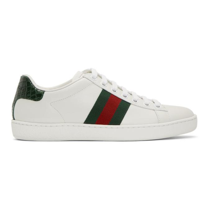 Gucci White and Green Croc Ace Sneakers