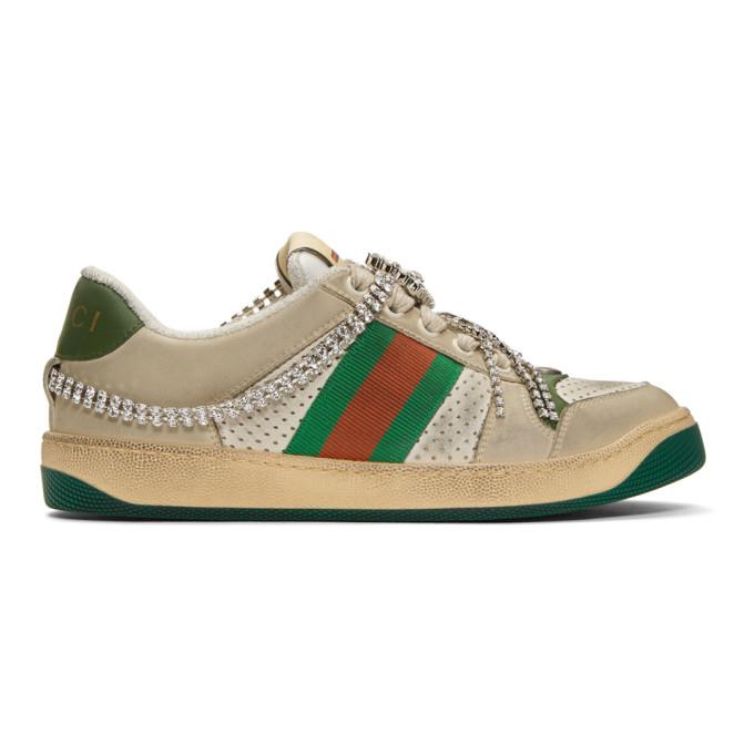 Gucci White and Off-White Crystal Screener Sneakers